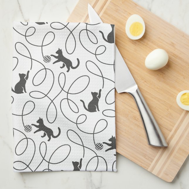 Playful Black Cat and Yarn Ball Pattern Tea Towel (Quarter Fold)