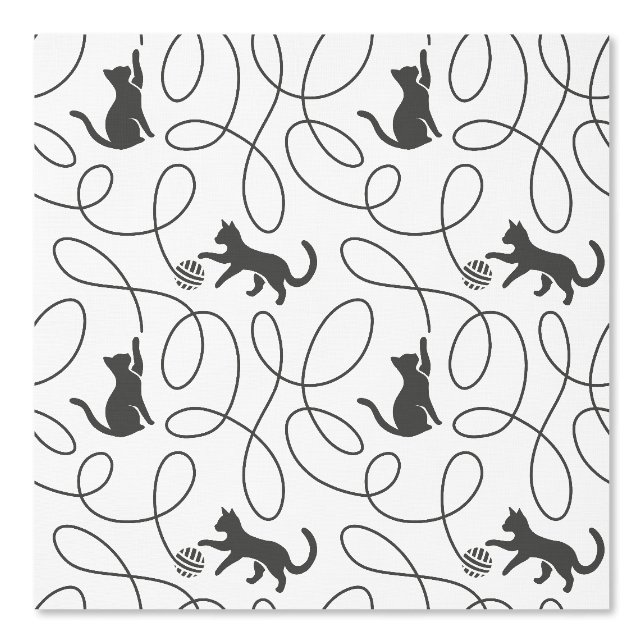 Playful Black Cat and Yarn Ball Pattern Wallpaper (Front)