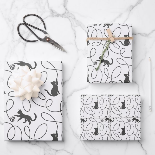 Playful Black Cat and Yarn Ball Pattern Wrapping Paper Sheet (Front)
