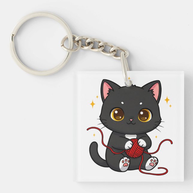 Playful Black Cat Chibi Design Key Ring (Front)