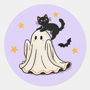 Playful Black Cat on Ghost's Head Halloween Classic Round Sticker