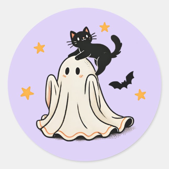 Playful Black Cat on Ghost's Head Halloween Classic Round Sticker (Front)