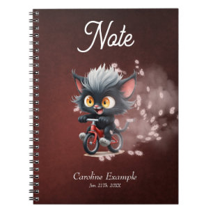 Playful Black Cat on Red Bicycle Notebook