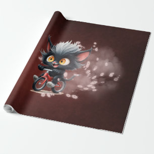 Playful Black Cat on Red Bicycle Wrapping Paper