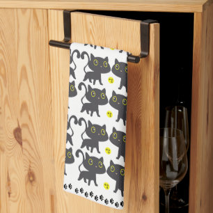 Playful Black Cat Pattern Design Tea Towel