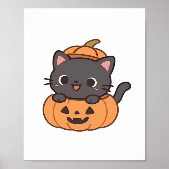 Playful Black Cat Popping Out of Pumpkin T-Shirt - Poster (Front)