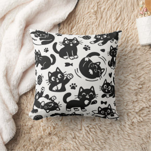 Playful Black Cat Silhouette Pattern Throw Pillow