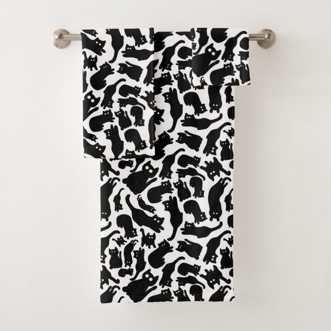 Playful Black Cat Silhouettes Whimsical Bath Towel Set (Insitu)