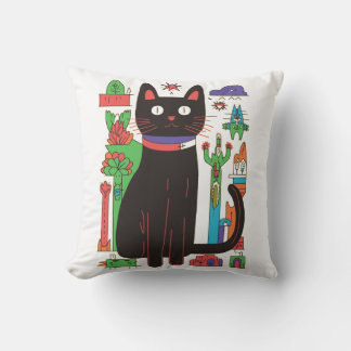 Playful Black Cat Throw Pillow