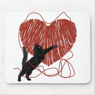 Playful Black Cat Unraveling Red Heart Mouse Mat