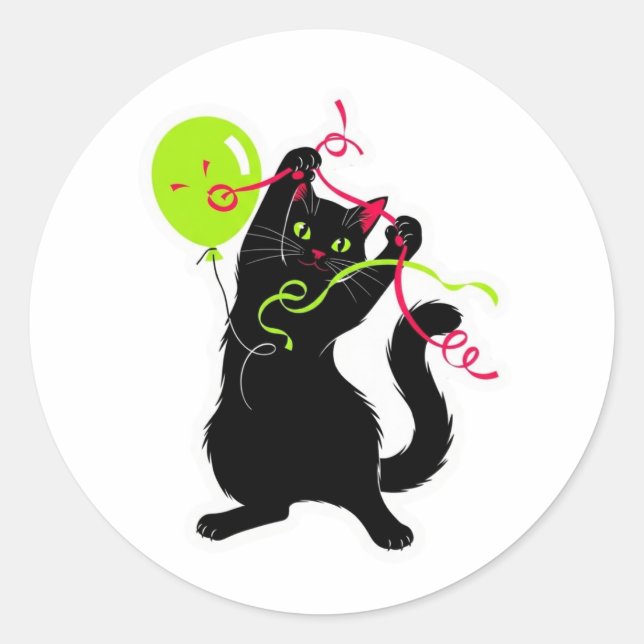 Playful Black Cat with Balloon and Streamer Classic Round Sticker (Front)