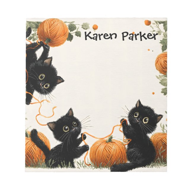  Playful Black Cat with Pumpkin-Inspired Orange Notepad (Front)