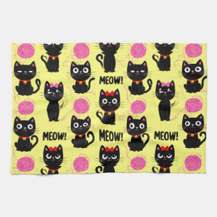 Playful Black Cats With Yarn Balls Pattern Tea Towel