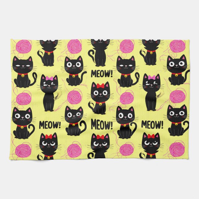 Playful Black Cats With Yarn Balls Pattern Tea Towel (Horizontal)