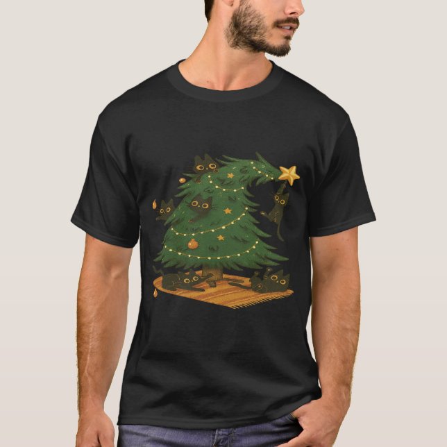 Playful Black Cats Wrecking Christmas Tree T-Shirt (Front)