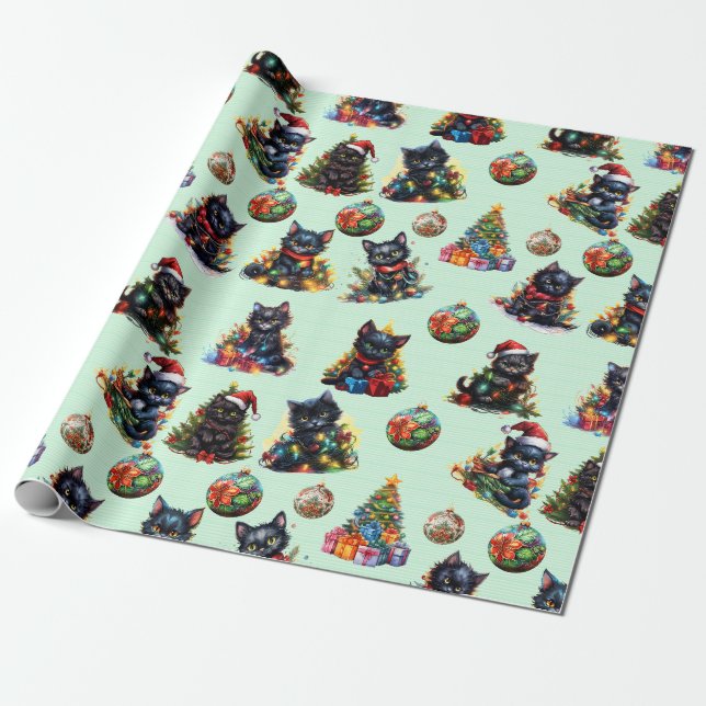 Playful Black Christmas Kittens Wrapping Paper (Unrolled)