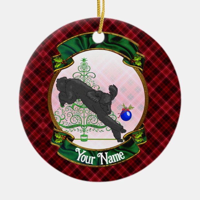 Playful Black Christmas Poodle  Ceramic Tree Decoration (Front)