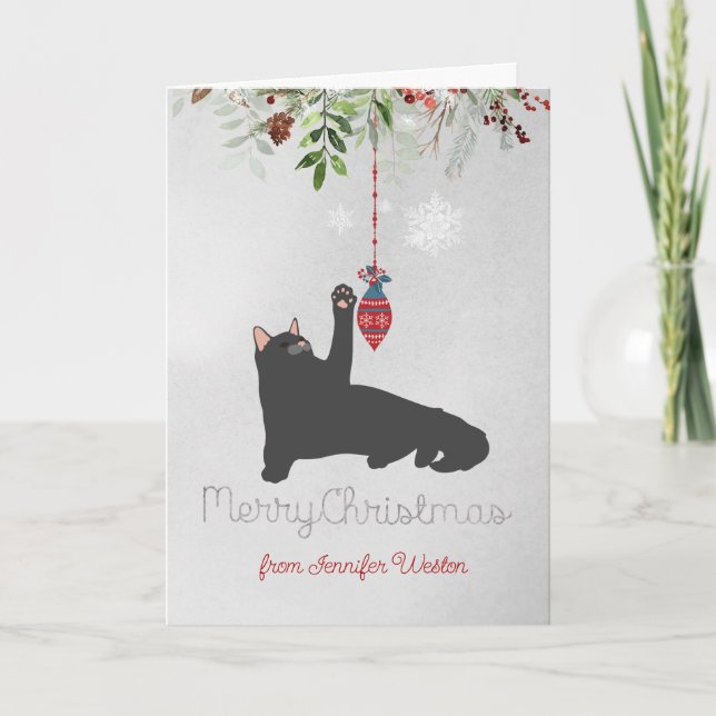 Playful Black Holiday Cat with Joyful Wishes (Front)