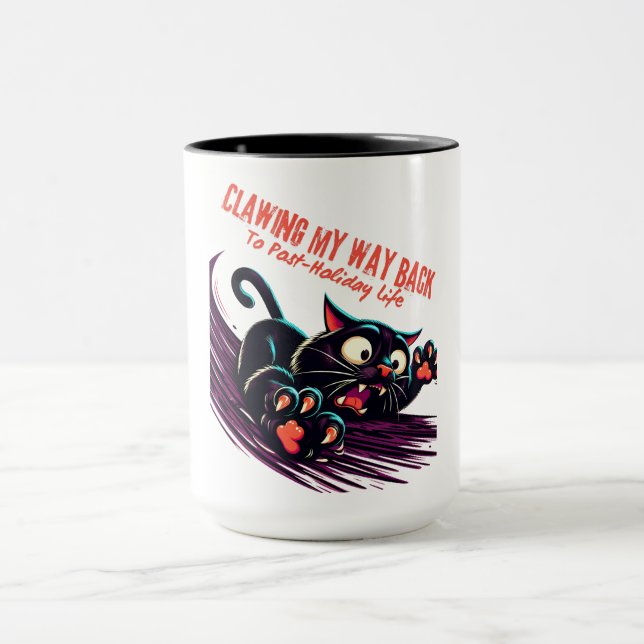 Playful Black Purple Cat Post Holiday Life Mug (Center)
