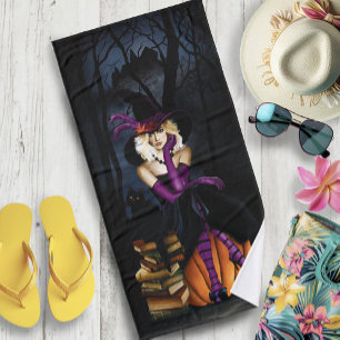 Playful Blonde Witch Pumpkin Purple Fantasy  Bath Towel