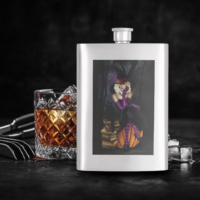 Playful Blonde Witch Pumpkin Purple Fantasy  Hip Flask (Creator Uploaded)