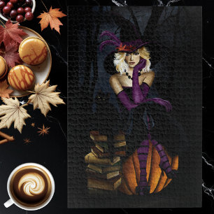 Playful Blonde Witch Pumpkin Purple Fantasy  Jigsaw Puzzle