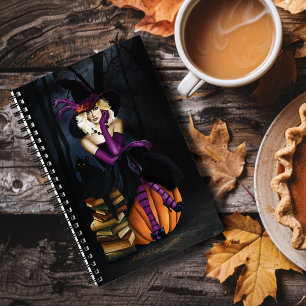 Playful Blonde Witch Pumpkin Purple Fantasy  Notebook