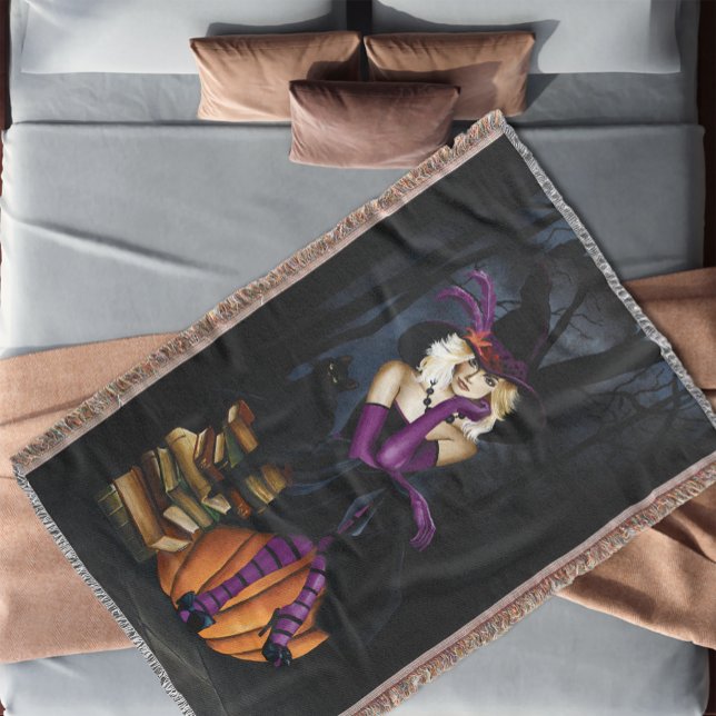 Playful Blonde Witch Pumpkin Purple Fantasy  Throw Blanket (Creator Uploaded)