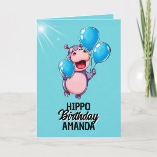 Playful Blue Balloons Hippo Birthday Card