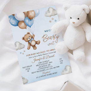 Playful Blue Brown Bear Cloudy Sky Baby Shower Invitation