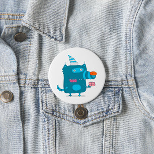 Playful Blue Cartoon Monster with Party Hat 7.5 Cm Round Badge