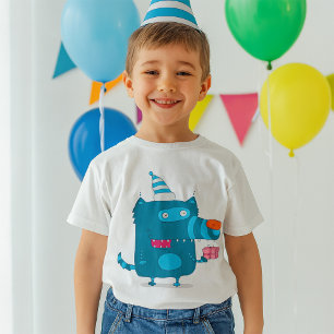 Playful Blue Cartoon Monster with Party Hat T-Shirt