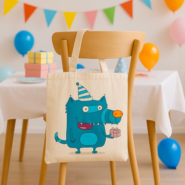 Playful Blue Cartoon Monster with Party Hat Tote Bag (Creator Uploaded)