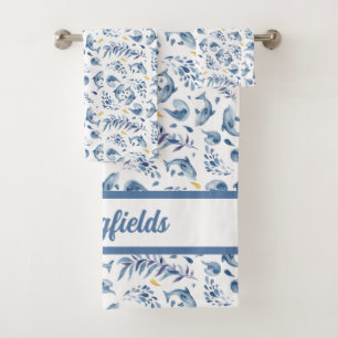 Playful Blue Dolphins and Waves Bath Towel Set