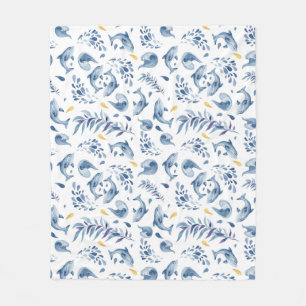 Playful Blue Dolphins and Waves  Fleece Blanket