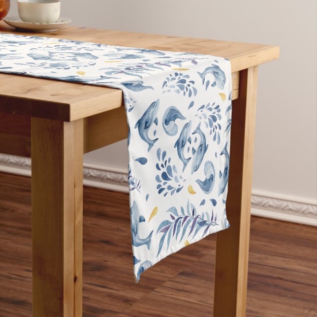 Playful Blue Dolphins and Waves Long Table Runner (In Situ)