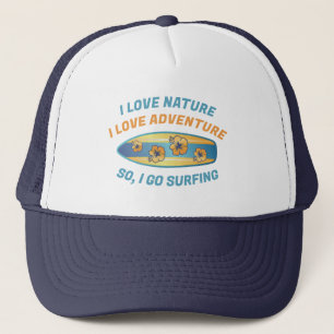 Playful Blue & Gold Floral Surfboard Surfing Trucker Hat