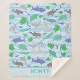 Playful Blue Green Ocean Life Design Sherpa Blanket