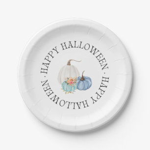 Playful Blue Pumpkins Happy Halloween Paper Plate