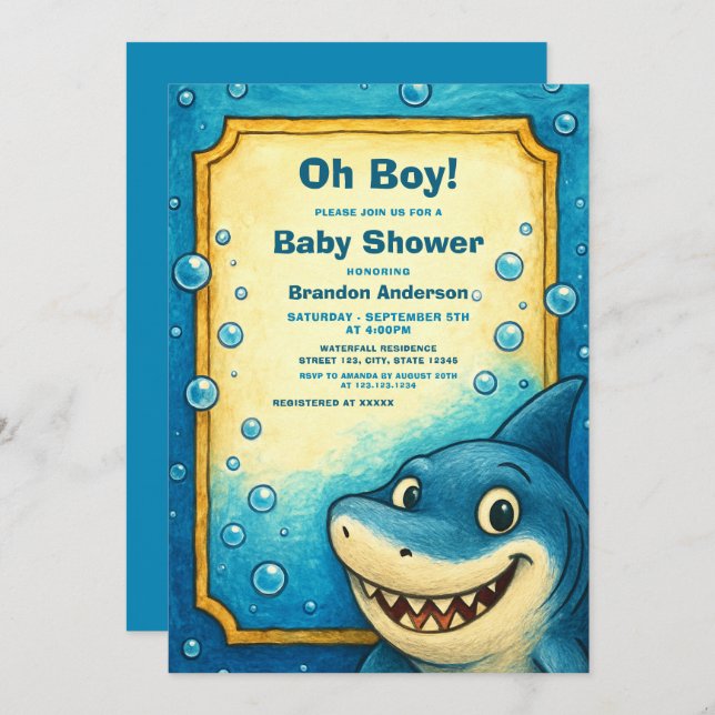 Playful Blue Shark Bubbles Boy Baby Shower Invitation (Front/Back)