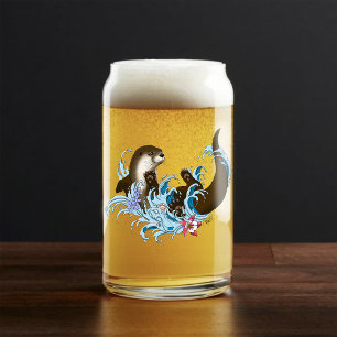 Playful Blue Whimsical River Otter Splash Cute Can Glass