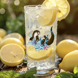 Playful Blue Whimsical River Otter Splash Cute Glass