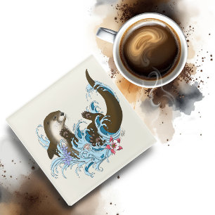 Playful Blue Whimsical River Otter Splash Cute Glass Coaster