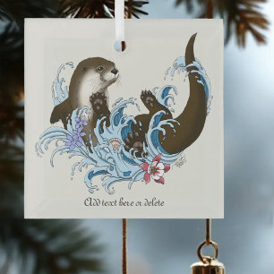 Playful Blue Whimsical River Otter Splash Cute Glass Tree Decoration