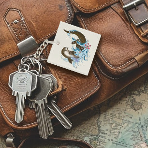 Playful Blue Whimsical River Otter Splash Cute Key Ring