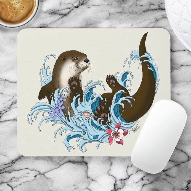 Playful Blue Whimsical River Otter Splash Cute Mouse Mat (Creator Uploaded)