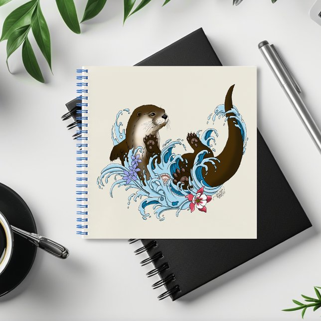 Playful Blue Whimsical River Otter Splash Cute Notebook (Creator Uploaded)