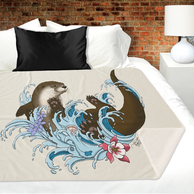 Playful Blue Whimsical River Otter Splash Cute Sherpa Blanket (Creator Uploaded)
