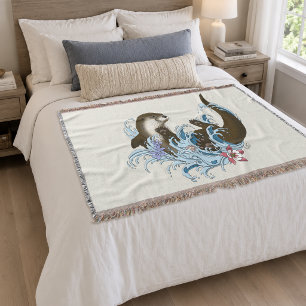 Playful Blue Whimsical River Otter Splash Cute Throw Blanket
