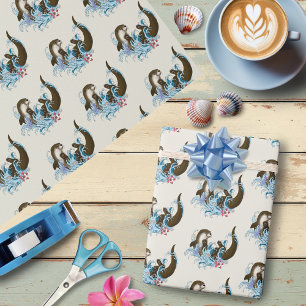 Playful Blue Whimsical River Otter Splash Cute Wrapping Paper